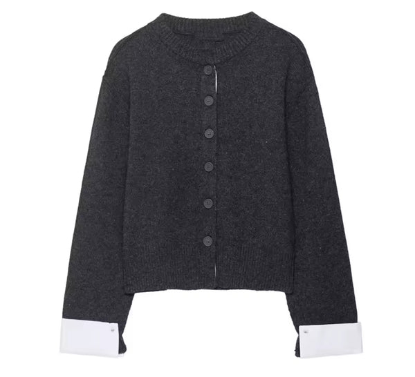 Dark Grey Knitted Cardigan with Shirt style Sleeve