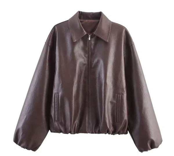 Red Brown Faux Leather Bomber Jacket
