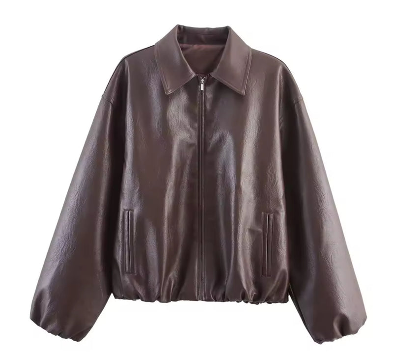 Red Brown Faux Leather Bomber Jacket