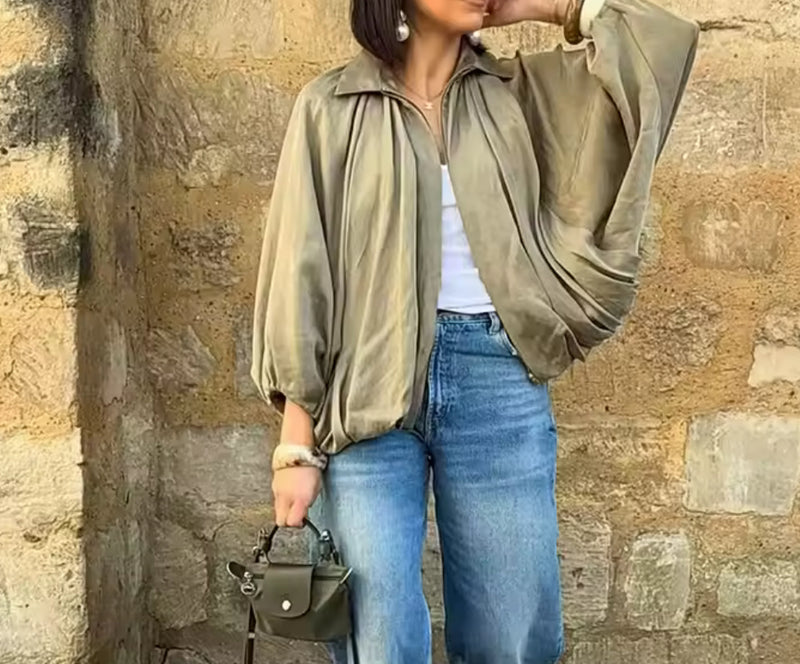 Pleated Satin Flowey Bomber