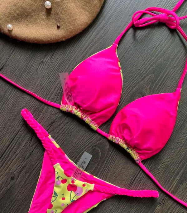 Yellow and pink Cherry Thong bikini set with coordinating hat.