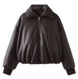 Brown Faux Leather Bomber Jacket