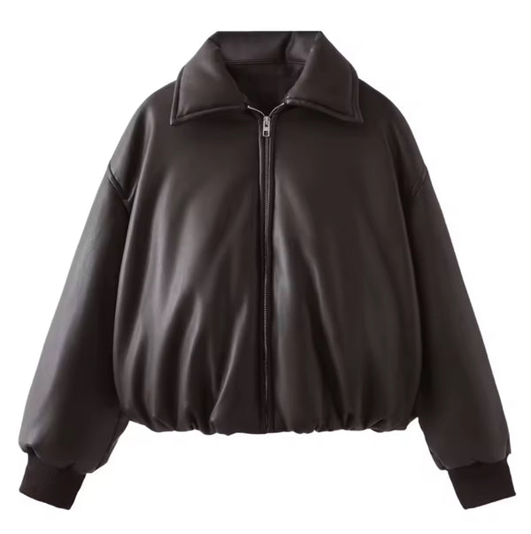 Brown Faux Leather Bomber Jacket
