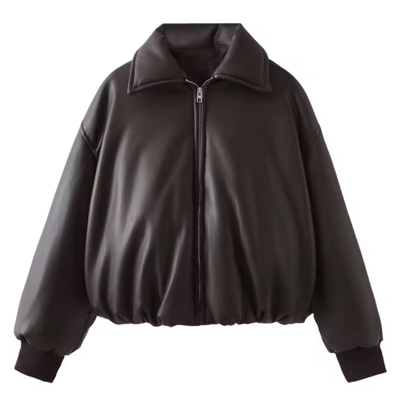 Brown Faux Leather Bomber Jacket
