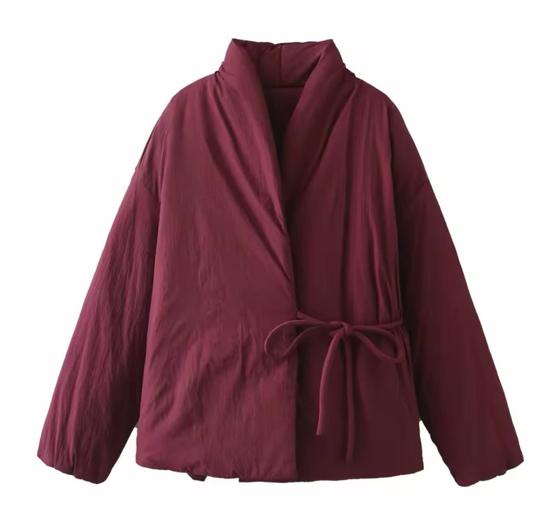 Burgundy Tie Up Puffer Jacket