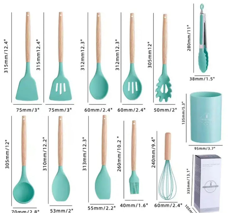 A pink 12-piece cooking utensils set with measuring guide for easy meal preparation.