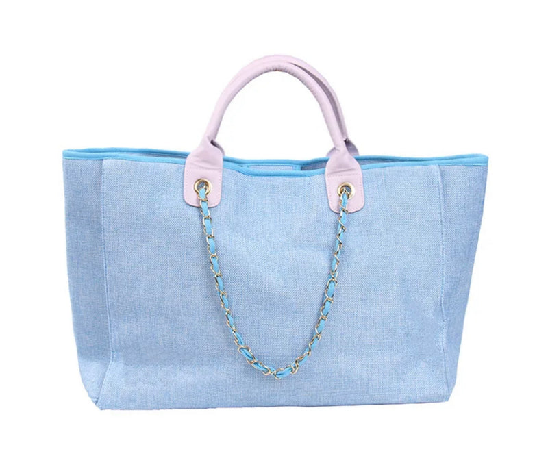 Stylish Canvas Tote Bag with Chain- Blue and Pink