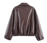 Red Brown Faux Leather Bomber Jacket
