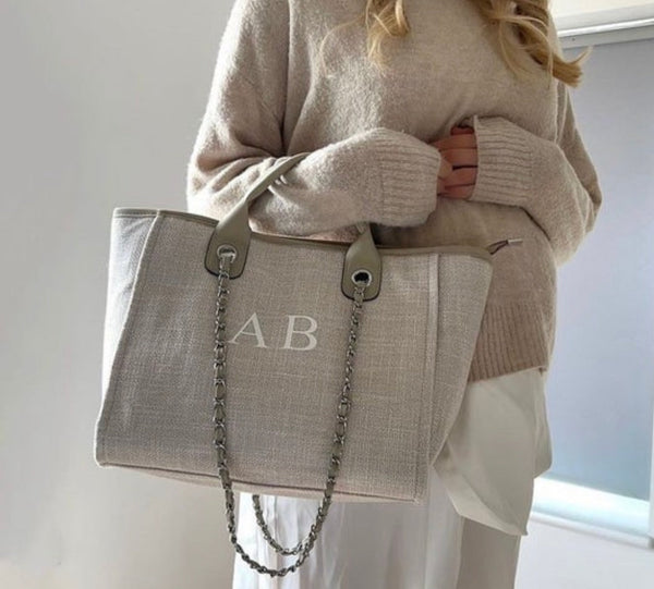 Greige personalise Canvas Tote Bag with Chain