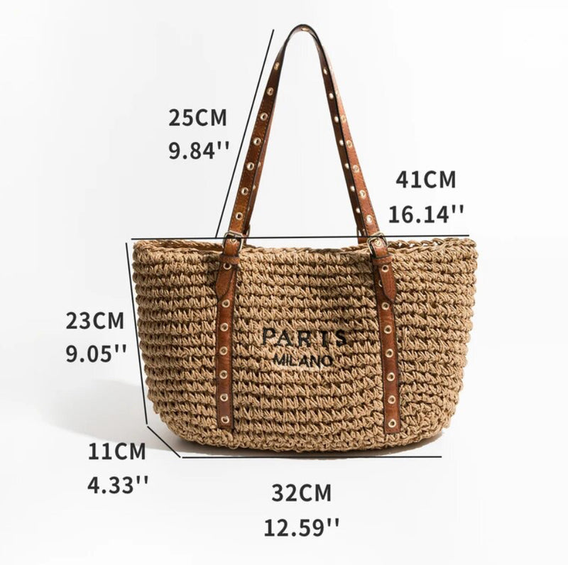 Paris Milano Brown Handle Beach Bag - Measurements for a straw bag, perfect for a day at the beach