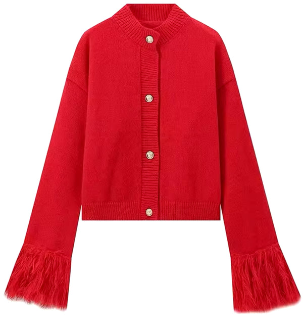 Red Cardigan with Fluff Sleeve