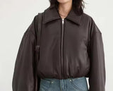 Brown Faux Leather Bomber Jacket