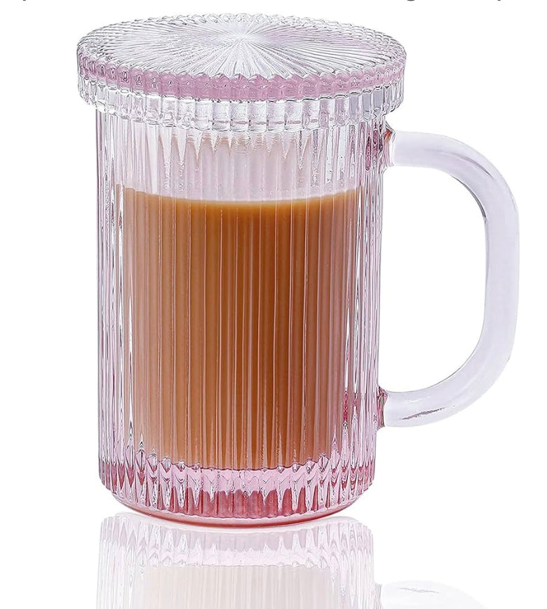 Pink ribbed drinking glass with handle and lid, iced coffee cup 300ml