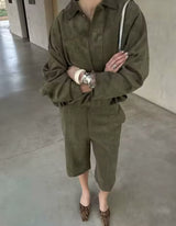 Green Suede Jacket and Jorts set