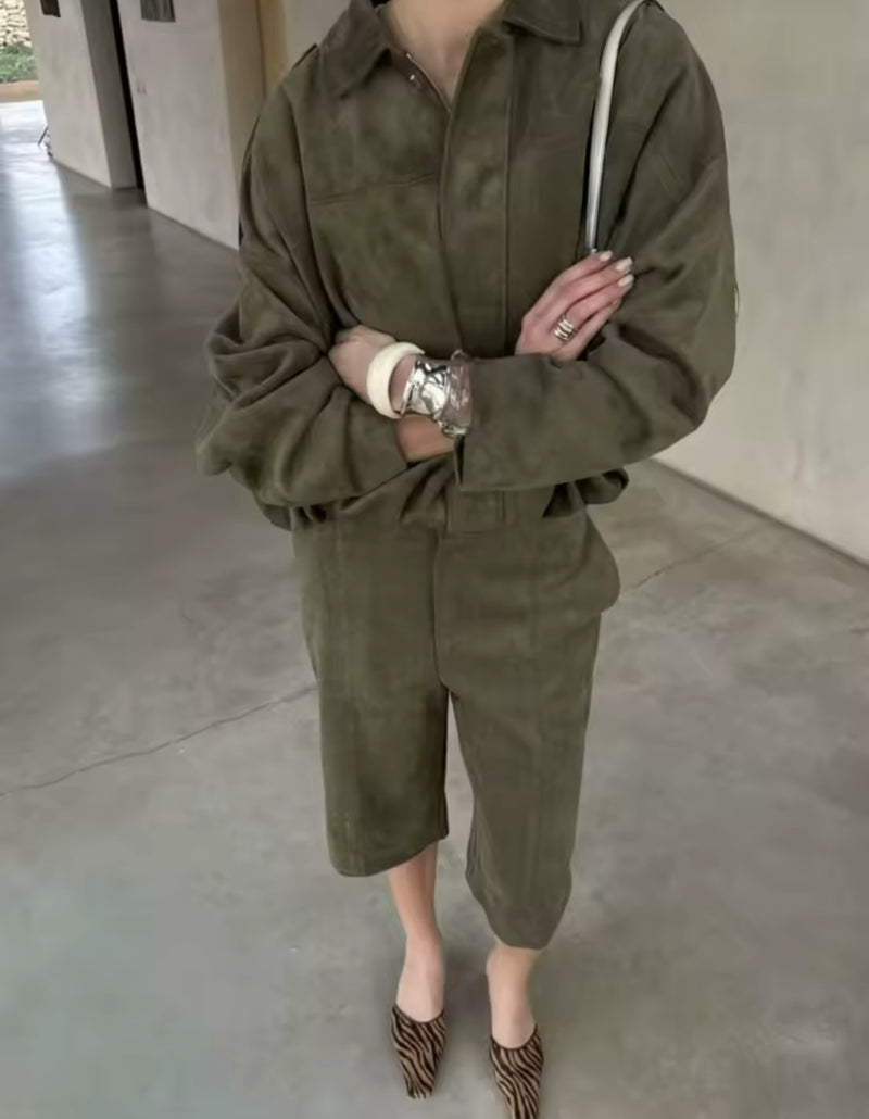 Green Suede Jacket and Jorts set