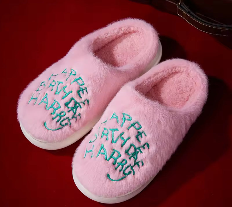 Harry Birthday cake pink green fluffy slide on slippers