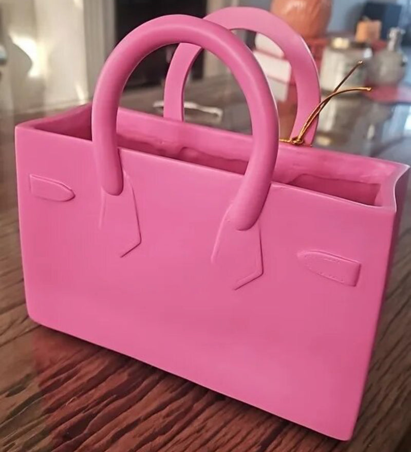 Handbag flower vase - Pink purse with white tulip.