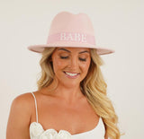 Personalised Bridal Fedora Hat with white lace trim and custom embroidered initials.