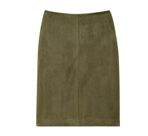 Green Suede Style Midi Skirt