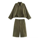 Green Suede Jacket and Jorts set