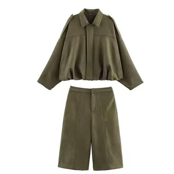 Green Suede Jacket and Jorts set
