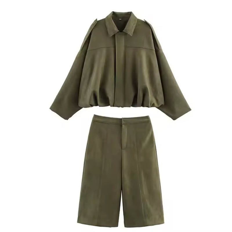 Green Suede Jacket and Jorts set