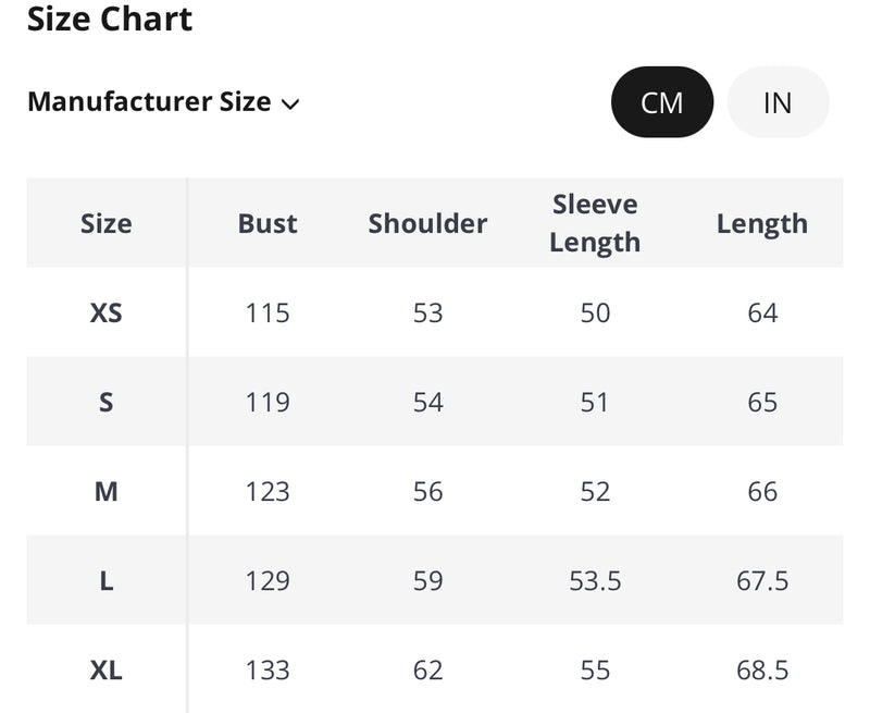 Size chart for women's t-shirt. Product name: Oversized bomber jacket coat in various colours.