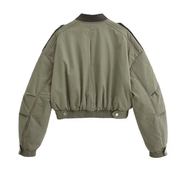 Khaki Casual Crop Bomber Jacket