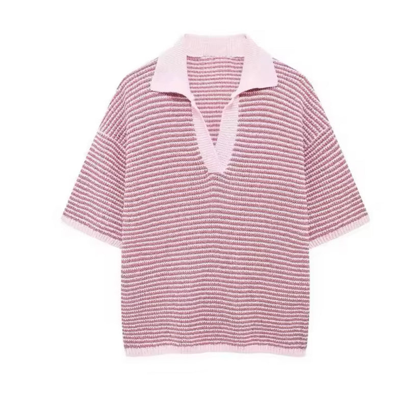 Pink Knitted Polo Shirt and Shorts Co Ord