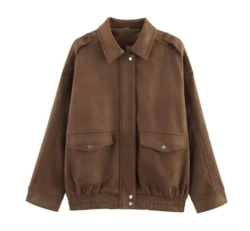 Brown Suede Style Bomber Jacket