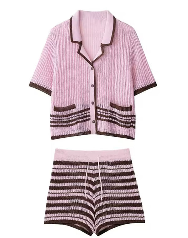 Pink Stripe Knitted Short Co Ord