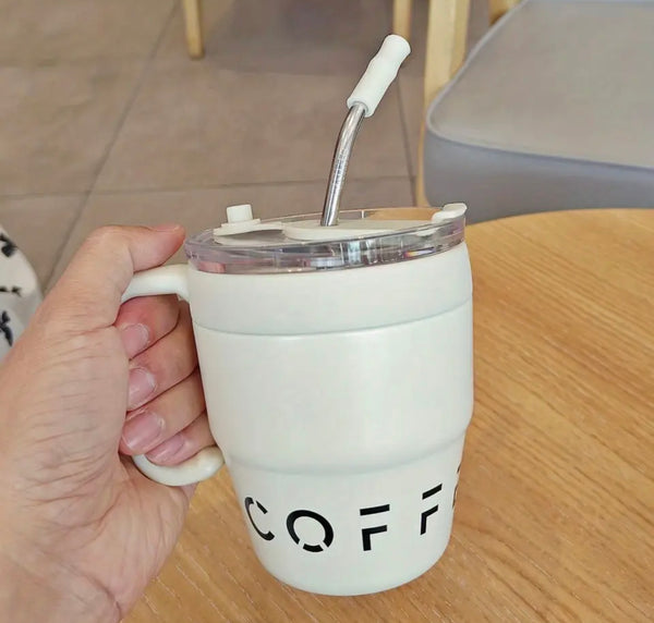 480ml Stainless Steel Coffee Mug with Straw And Handle