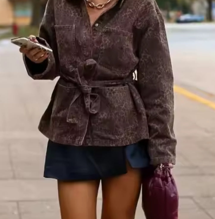 Leopard Print Denim Tie Waist Jacket