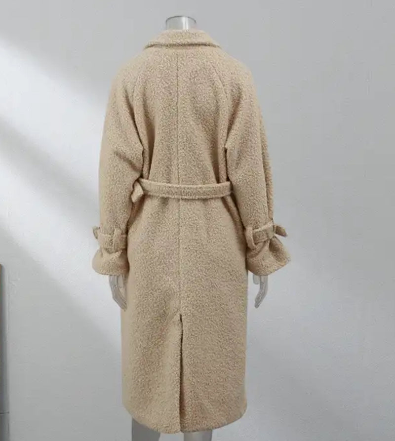 Boucle Long Beige Coat - A stylish beige coat with a belt, perfect for any occasion.