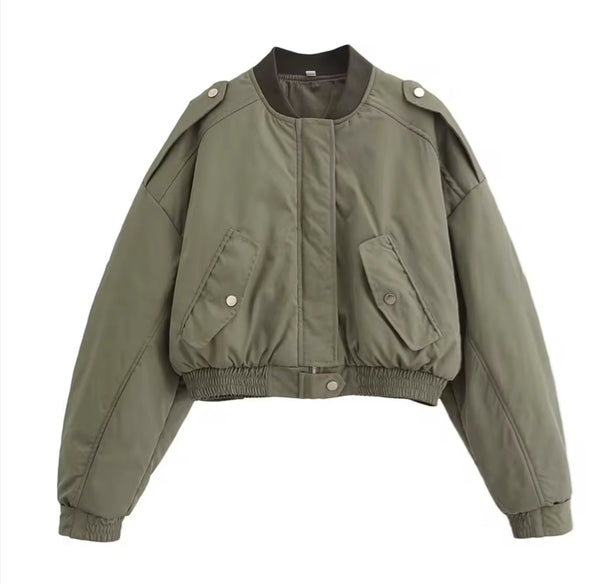 Khaki Casual Crop Bomber Jacket