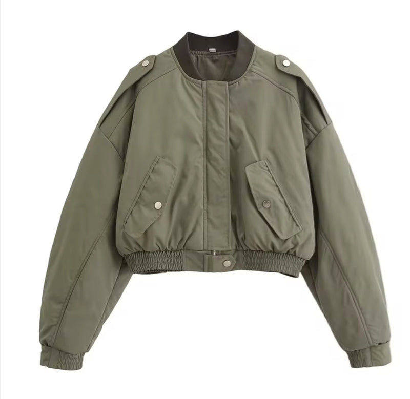 Khaki Casual Crop Bomber Jacket