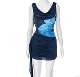 Blue Mini Floral Dress with Cowl Neck