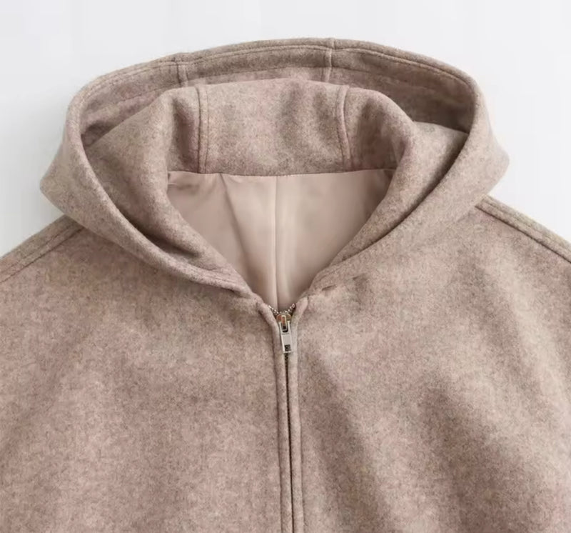 Beige Hooded Wool Bomber Jacket