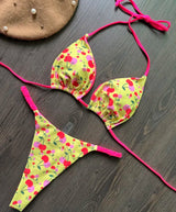 Cherry Thong bikini Yellow and Pink with floral print bikini set.