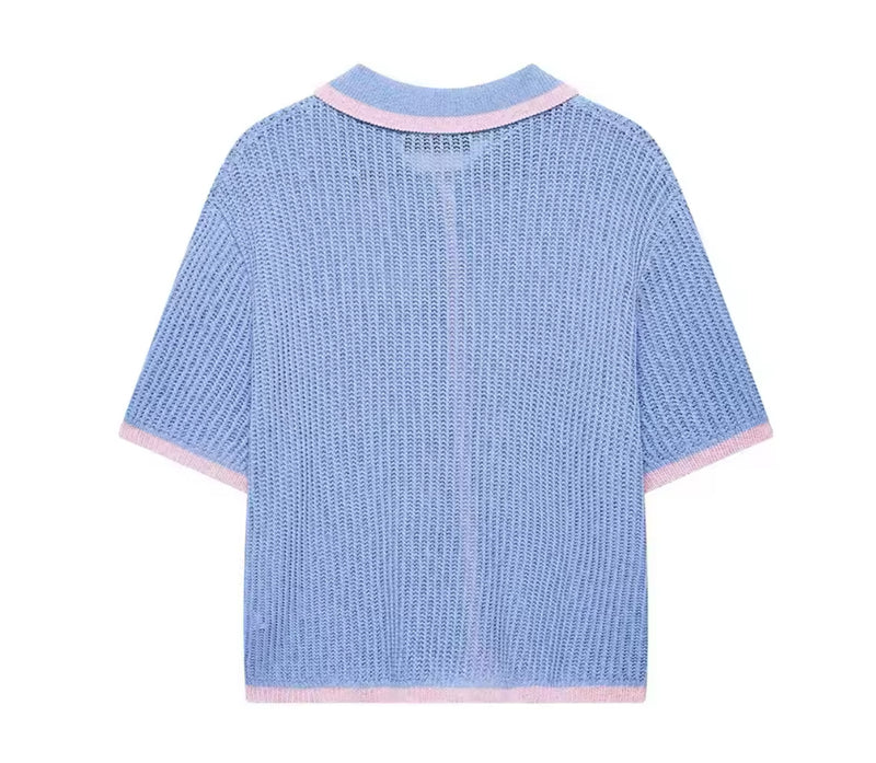 Knitted Polo Shirt and Shorts Co Ord in Blue and Pink