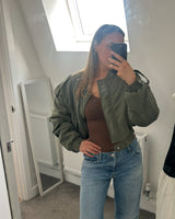 Khaki Casual Crop Bomber Jacket