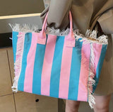Plain blue pink striped beach everyday bag