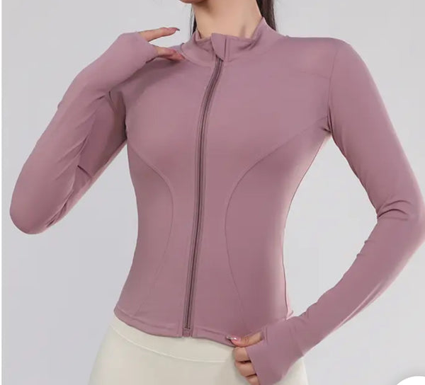 Image of Pink/Purple Gym Zip Up women's long sleeve top in soft, lightweight fabric
