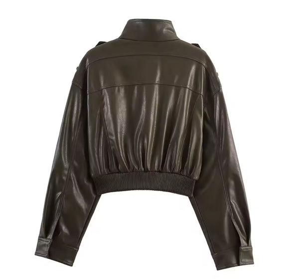 Green Brown Faux Leather Biker Jacket