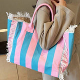 Plain blue pink striped beach everyday bag