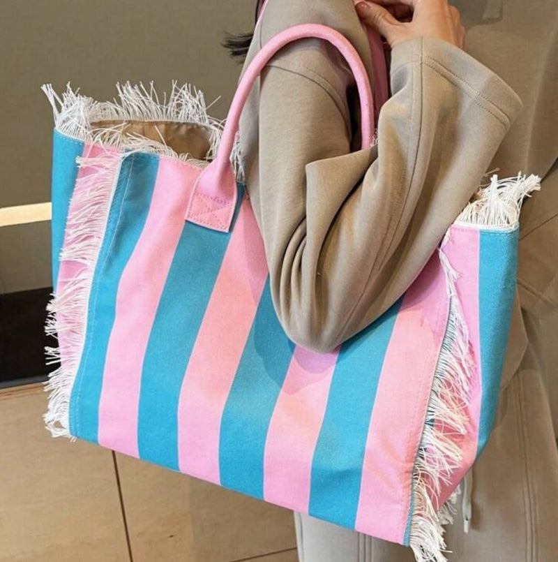 Plain blue pink striped beach everyday bag
