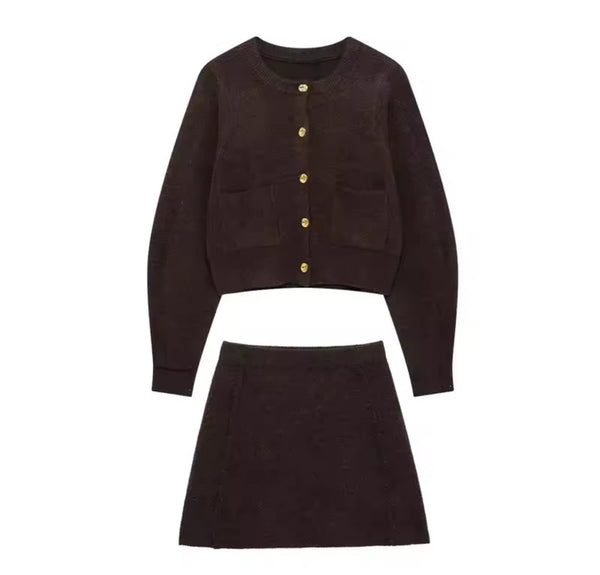 Brown Cardigan and Skirt Knitted Set