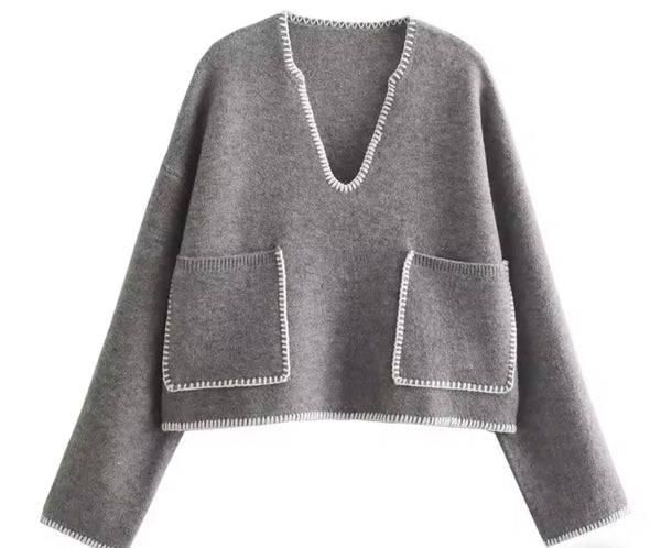 Grey Cropped Knit Jumper White Stitching