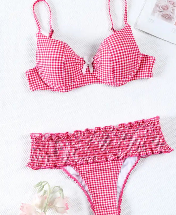 Pink / Red Check Bikini - a stylish bikini set with a red and white checkered pattern