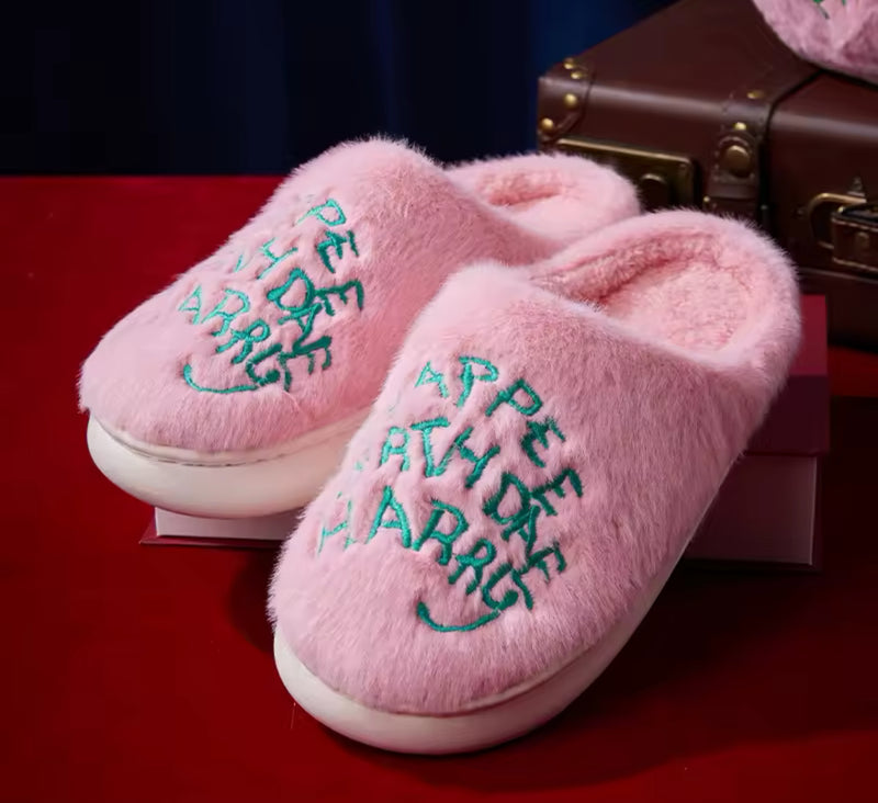 Harry Birthday cake pink green fluffy slide on slippers